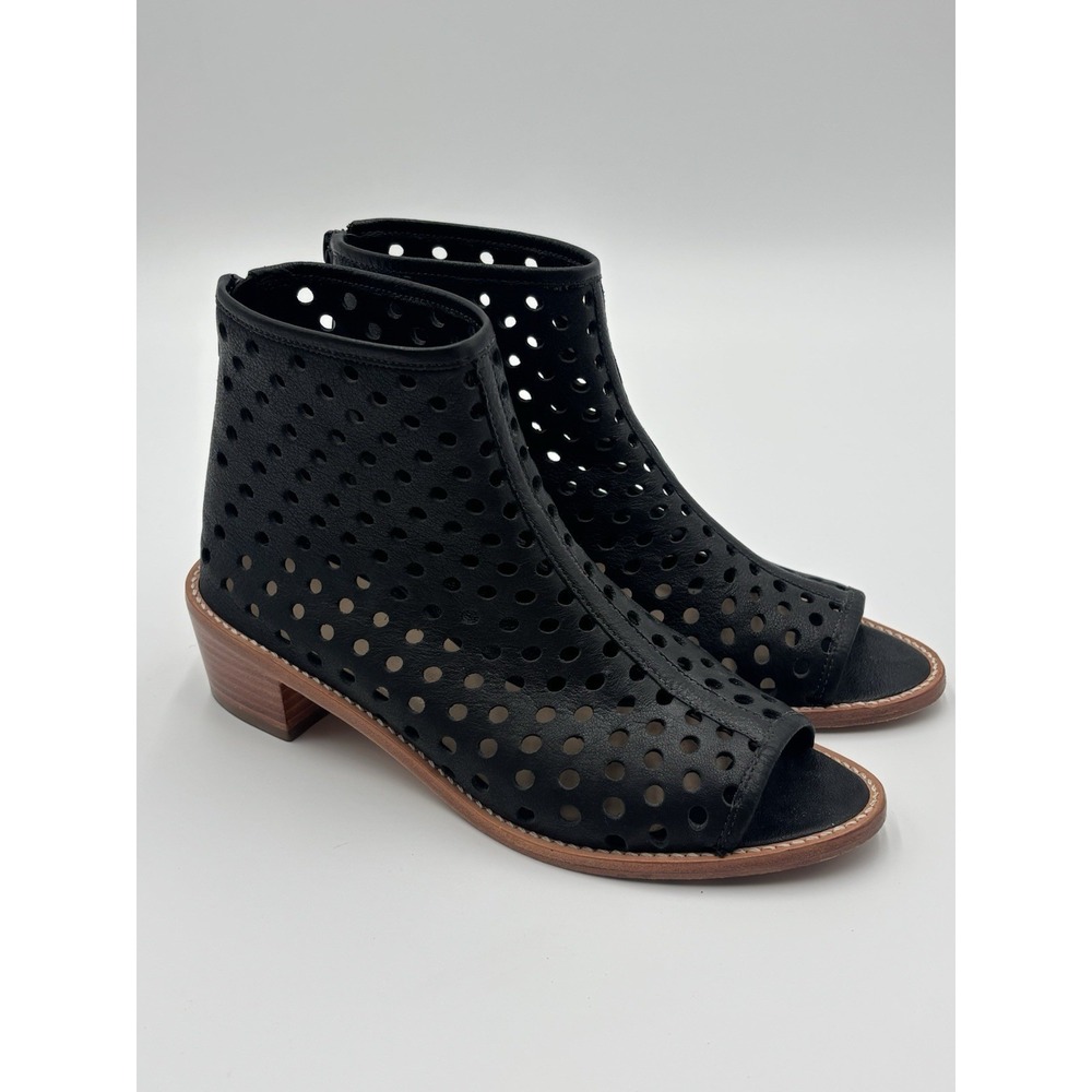 Loeffler Randall Black Perforated Leather Peep Toe Booties Women 8.5 Brazil Made